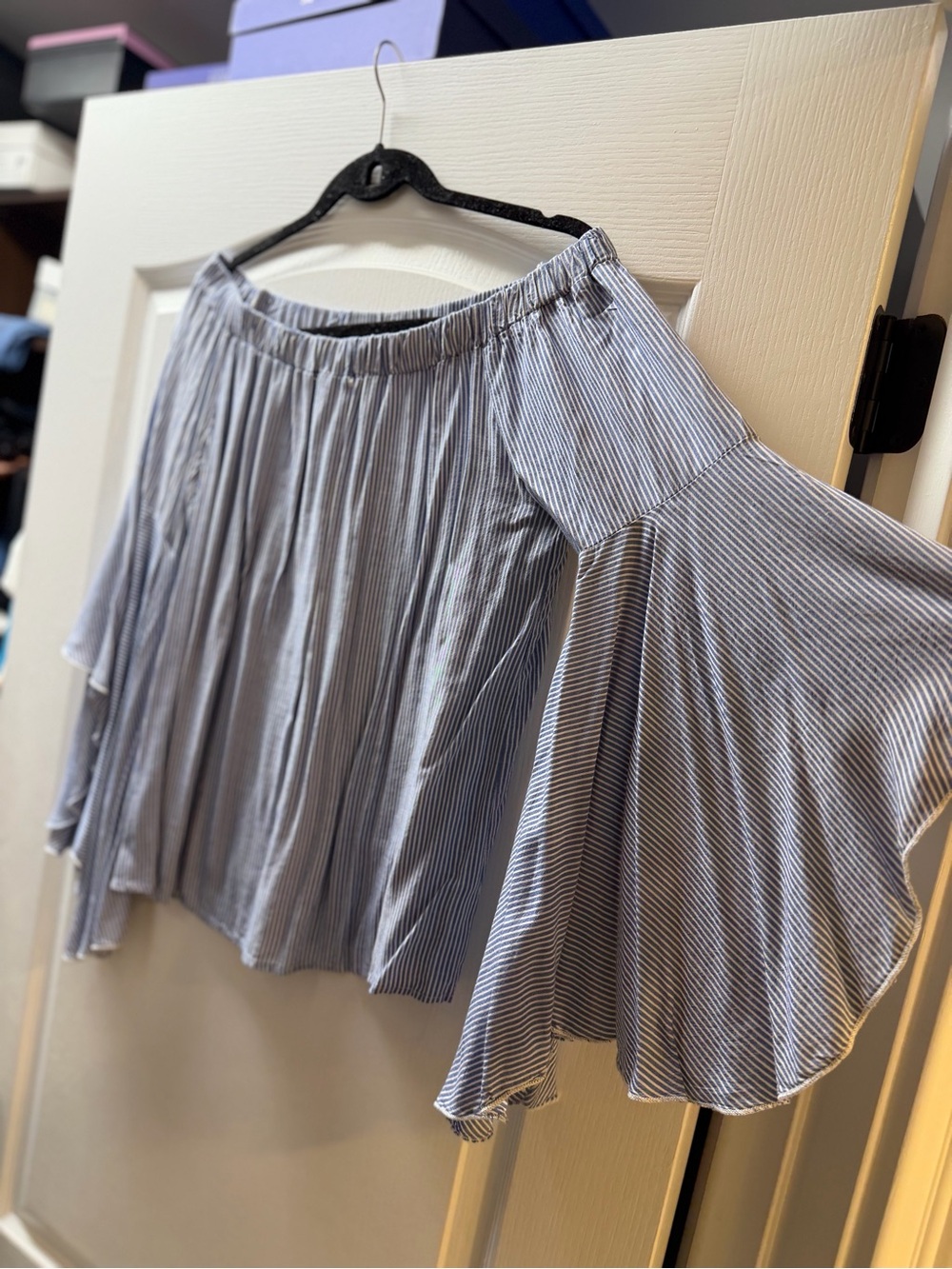 Striped Off-Shoulder Bell Sleeve Top - Light Blue
